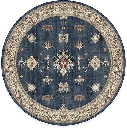 RUGGABLE Washable Vintage Area Rug – Verena Sapphire 6 ft Round, Stain-Resistant, Non-Slip – Medium Machine Washable Rugs for Living Room, Bedroom, Hallway, Entryway & Office–with Standard Pad