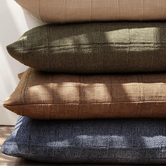 Foindtower Set of 2 Decorative Linen Check Throw Pillow Covers Neutral Farmhouse Vintage Cushion Covers Modern Boho Home Decor for Sofa Chair Couch Bedroom Living Room,16×16 Inch,Brick
