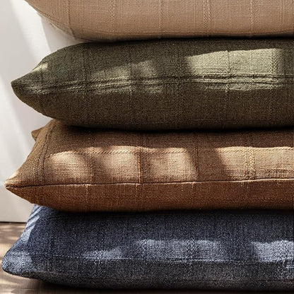 Foindtower Set of 2 Decorative Linen Check Throw Pillow Covers Neutral Farmhouse Vintage Cushion Covers Modern Boho Home Decor for Sofa Chair Couch Bedroom Living Room,18×18 Inch,Brick