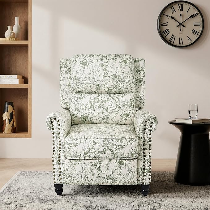 Lumibee Recliner Chair, Wingback Recliner Chair for Living Room, Modern Upholstered Fabric Pushback Armchair with Adjustable Backrest & Footrest for Small Spaces,Bedroom-Rococo Green