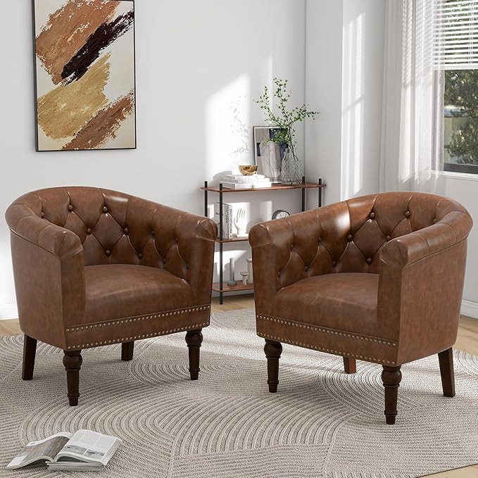 Pia Ricco Faux Leather Barrel Accent Chair, Comfy Club Armchair with Solid Wood Legs, Nailhead Trim Upholstered Single Sofa Chair for Living Room Bedroom/Reading Room, Tan