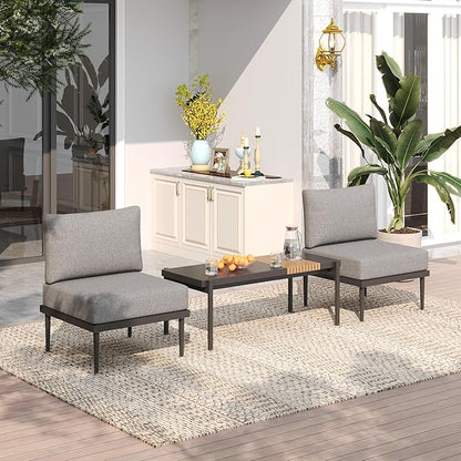 Sundale Outdoor 3 Pieces Patio Furniture Set, Metal Outdoor Sectional Sofa with 6 Inch Olefin Cushion and Coffee Table, All-Weather Modern Outdoor Conversation Sets (Grey Frame)