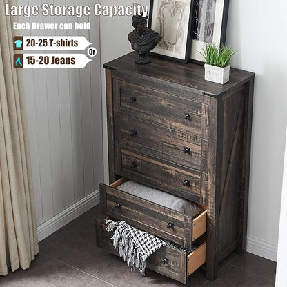 T4TREAM Farmhouse 5 Drawers Dresser Chests for Bedroom, Wood Rustic Tall Chest of Drawers, Dressers Organizer for Bedroom, Living Room, Hallway, Dark Rustic Oak