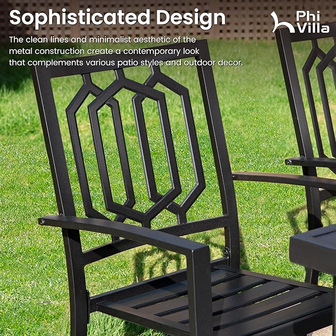 PHI VILLA Set of 2 Stackable Wrought Iron Patio Dining Chairs, Portable Black Outdoor Bistro Deck Metal Chairs, Support 300 lbs, Ideal for Garden, Backyard, Lawn