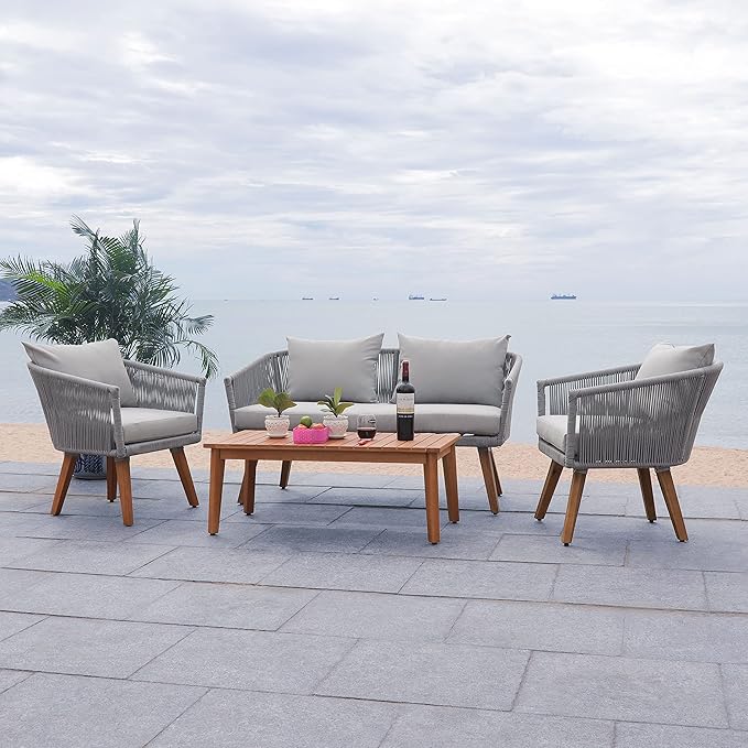 SAFAVIEH PAT7072A Outdoor Velso Rope 4-Piece Seat Cushions and Pillows Included Patio Set