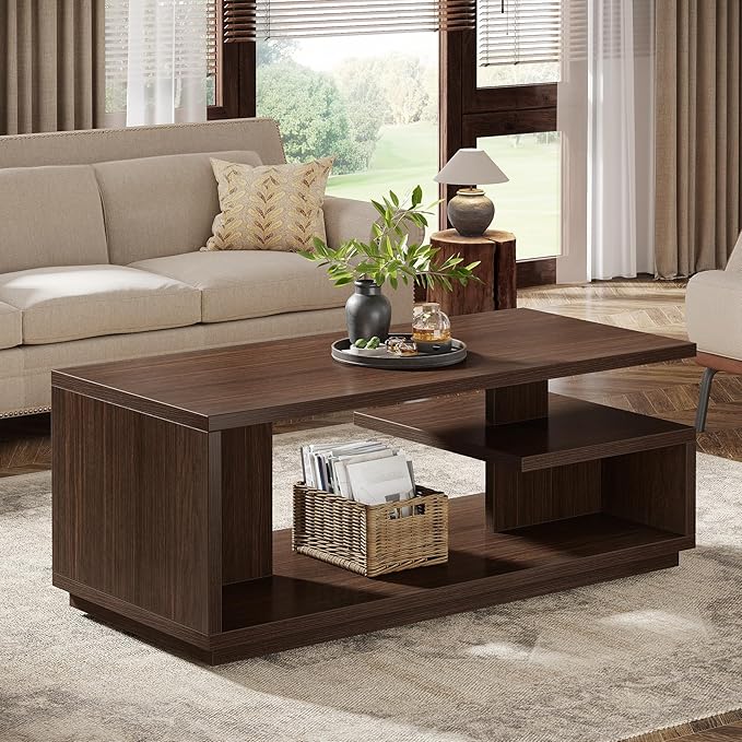 Tribesigns 47.24" Coffee Table with Storage Shelf, Mid-Century Modern Center Table, 3-Tier Rectangle Wooden Tea Table with Thick Base for Living Room, Walnut