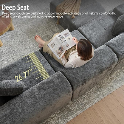 LIDYUK 118" Modern L-Shaped Boneless Couch Modular Sectional Sofa for Living Room, Chenille Upholstery Grey, Oversized 3-Seater Sectional Couch with Deep Seat and Movable Ottoman, No Assembly