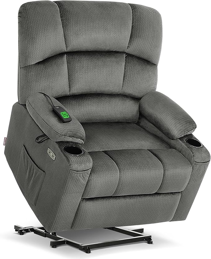 MCombo Oversized Dual Motor Power Lift Recliner Chair Sofa with Massage and Heat for Big Elderly People, Infinite Position, USB Ports, Fabric R7677 (Grey, Medium-Oversize)