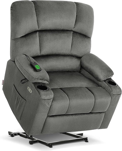 MCombo Oversized Dual Motor Power Lift Recliner Chair Sofa with Massage and Heat for Big Elderly People, Infinite Position, USB Ports, Fabric R7677 (Grey, Medium-Oversize)
