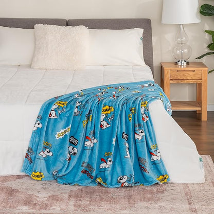 Berkshire Blanket Peanuts® VelvetLoft® Cute Character Snoopy Plush Throw Blanket,Peanuts Large Masked Marvel Toss Happy Blue,Throw 55 in x 70 in (Official Peanuts® Product)