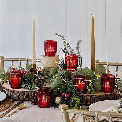 Kate Aspen Vintage Ribbed Red Glass Candle Holders Set of 6 - Votive & Tealight Candle Holder Decor for Holiday Table Decor, Christmas Dining Tablescape, Fall & Boho Home Accents (27206RD)