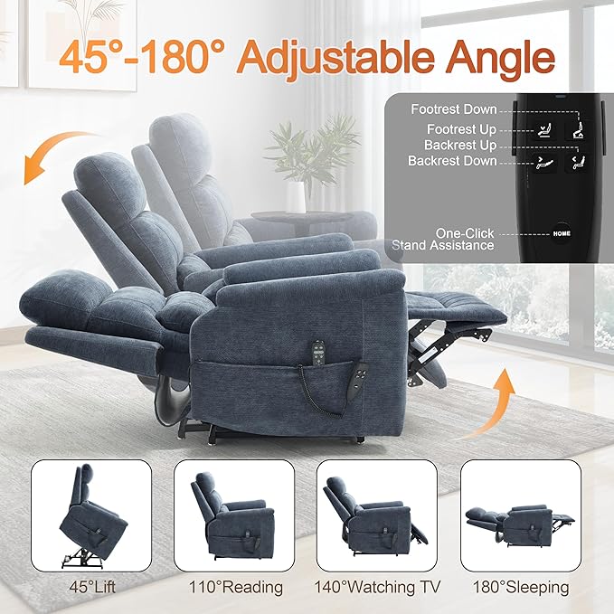 Power Lift Recliner Chair for Elderly People, Dual Motor Lay Flat Recliner with Vibration Massage and Heat, Heavy Duty Motion Mechanism Standing Assistance Reclining Chair, Chenille Fabric Blue