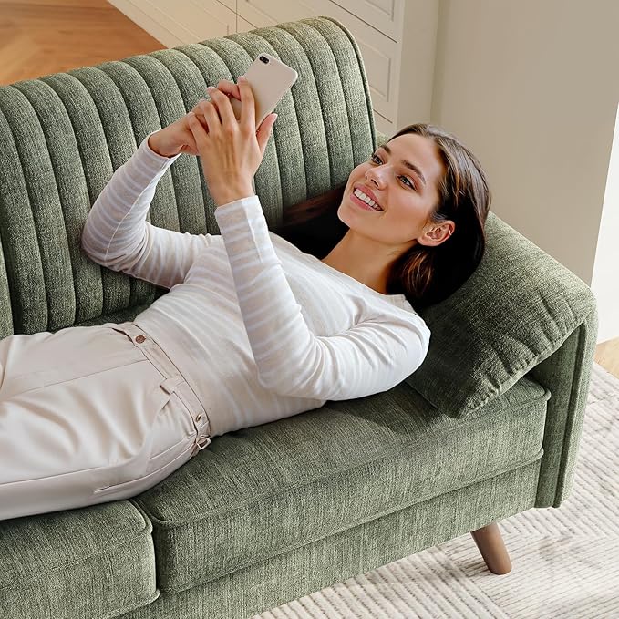 ONBRILL 64.5" Loveseat Sofa, Chenille Loveseat Couch for Living Room, 23.2" Deep Seat Love Seat with Padded Arms, Comfy Modern Small Couches for Bedroom, Small Spaces, Dorms, Office, Green