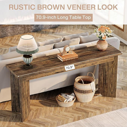 Tribesigns Farmhouse Console Table, 70.9-Inch Extra Long Console Table, Wood Sofa Table Behind Couch with Widened Tabletop & Sturdy Double Pedestal for Living Room, Hallway, Foyer (Rustic Brown)