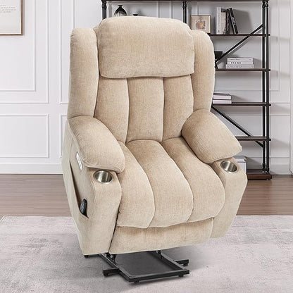 Power Lift Chair for Elderly, Electric Recliner Chair with 8-Point Vibration Massage and Lumbar Heating, Charging Ports, Cup Holders, Standing Assistance Reclining - Ivory White