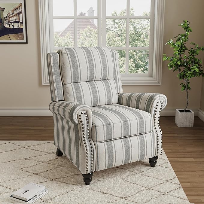 Pushback Recliner Chair, Comfy Fabric Wingback Recliner Chair, Upholstered Armchair Push Back Recliner with Wood Legs, Rivet Trim Single Sofa Accent Chair for Living Room, Bedroom, Gray Stripe