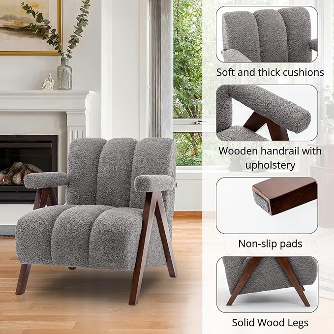 Mid Century Modern Accent Chair with Solid Wood Frame, Boucle Upholstered Living Room Chairs with Thick Cushion, Comfy Tufted Arm Chair for Bedroom, Grey