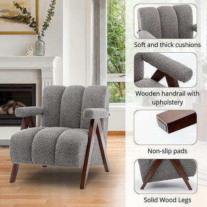 Mid Century Modern Accent Chair with Solid Wood Frame, Boucle Upholstered Living Room Chairs with Thick Cushion, Comfy Tufted Arm Chair for Bedroom, Grey