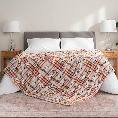 Berkshire Blanket Peanuts® VelvetLoft® Cute Character Snoopy Plush Blanket,Snoopy and Woodstock Wood Holiday Plaid Medium Tan,Full/Queen 90 in x 90 in (Official Peanuts® Product)