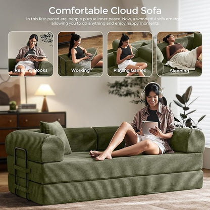 79" Convertible Sofa Bed with Fixed-Shape Frame & Removable Armrests, Modular Corduroy Sleeper Sofa, Folding Mattress Couch for Small Spaces - No Assembly Needed in Light Green (Includes 2 Pillows)
