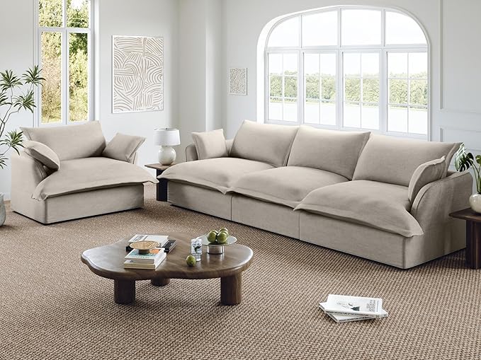 114” Oversized Modular Sectional Sofa, Comfy Down Fill Cloud Couch, 3 Seater Modular Sofa Couch with One Single Seat, Convertible Sectional Couches for Living Room, Linen, Light Gray