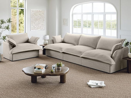 114” Oversized Modular Sectional Sofa, Comfy Down Fill Cloud Couch, 3 Seater Modular Sofa Couch with One Single Seat, Convertible Sectional Couches for Living Room, Linen, Light Gray