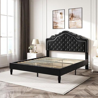 SHA CERLIN Full Size Bed Frame with Adjustable Headboard/Velvet Upholstered/Diamond Button Tufted and Metal Studs/No Box Spring Needed/Wood Slat Support/Easy Assembly/Black