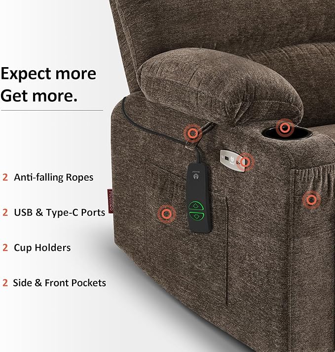MCombo Power Lift Recliner Chair for Elderly, Lift Chair with Heat and Massage, USB &Type C Ports, Cup Holders, Fabric 7095 (Medium, Mocha)