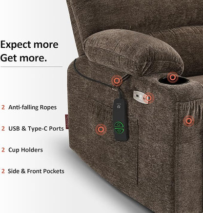 MCombo Power Lift Recliner Chair for Elderly, Lift Chair with Heat and Massage, USB &Type C Ports, Cup Holders, Fabric 7095 (Medium, Mocha)