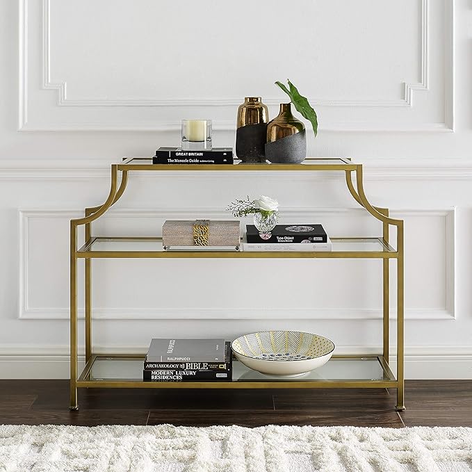 Crosley Furniture Aimee Sofa Console Table with Storage Shelves for Hall, Entryway, or Living Room, Gold and Glass