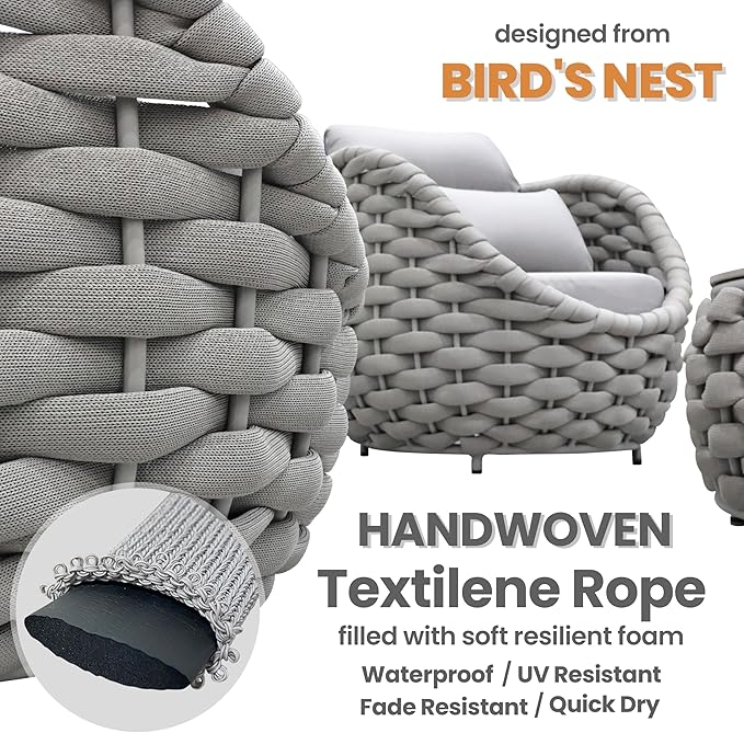 Aluminum Rope Patio Furniture Set: 6 Pieces Assembled Outdoor Conversation Sofa Set for 7 - Modern Metal Couch Set Cushioned - All Weather Porch Seating for Deck Garden Pool Lanai Hotel, Gray