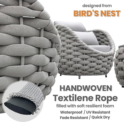 Aluminum Rope Patio Furniture Set: 6 Pieces Assembled Outdoor Conversation Sofa Set for 7 - Modern Metal Couch Set Cushioned - All Weather Porch Seating for Deck Garden Pool Lanai Hotel, Gray