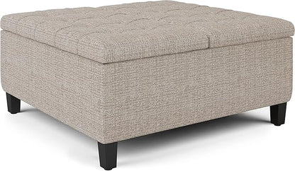 SIMPLIHOME Harrison Coffee Table Storage Ottoman - 36 inch Wide Upholstered Tweed Look Fabric Square Lift-Top Ottoman in Platinum, Transitional Ottoman for Living Room with Hidden Storage