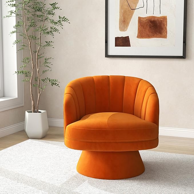 Swivel Accent Chair,Upholstered Velvet 360° Swivel Barrel Chair for Living Room Overstuffed Bouncle Reading Chair Round Armchair for Bedroom,Vanity,Office (Orange)