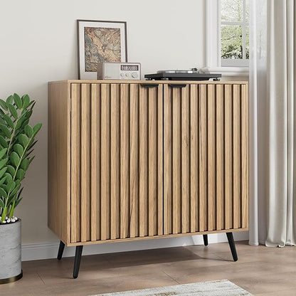 Smuxee Fluted Sideboard Cabinet, Freestanding Natural Buffet Cabinet with Adjustable Shelf, Wood Storage Cabinet for Living Room, Entryway, Hallway