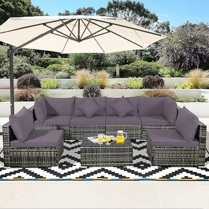 Tangkula 7 Pieces Patio Rattan Furniture Set, Patiojoy Outdoor Conversation Set with Cushions and Tempered Glass Coffee Table, All-Weather Sectional Sofa Set for Garden, Lawn, Backyard (Grey)