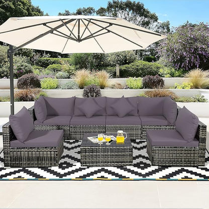 Tangkula 7 Pieces Patio Rattan Furniture Set, Patiojoy Outdoor Conversation Set with Cushions and Tempered Glass Coffee Table, All-Weather Sectional Sofa Set for Garden, Lawn, Backyard (Grey)