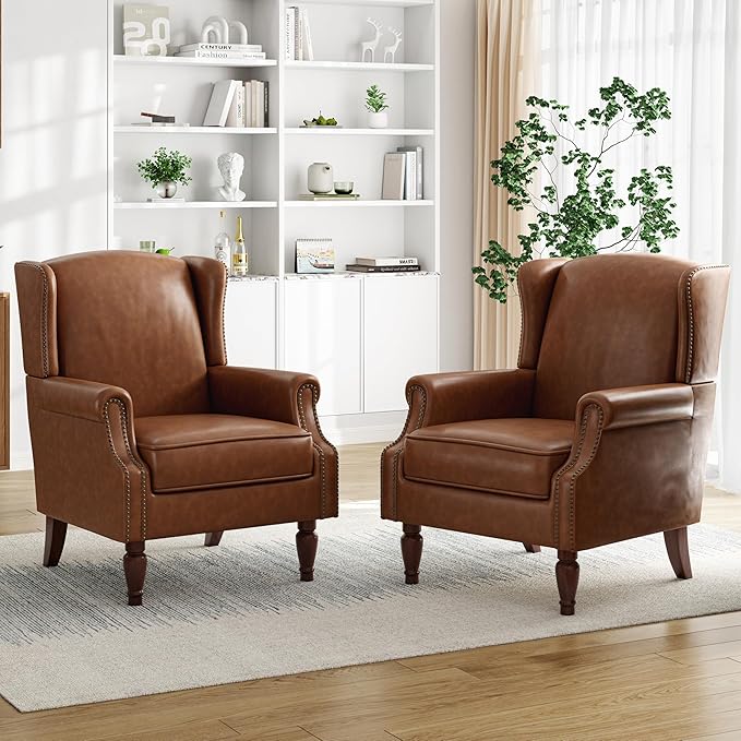 Pia Ricco Set of 2 Faux Leather Accent Chairs, High Back Wingback Armchairs with Retro Floral Design, Nailhead Trim & Solid Wood Legs for Living Room Bedroom Home Office (Brown)