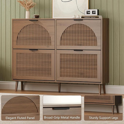 Shoe Cabinet for Entryway with 4 Flip Drawers, Slim Wooden Shoe Storage Organizer with Modern Fluted Pannel，Freestanding Narrow Hidden Shoe Rack for Hallway, Foyer, Living Room