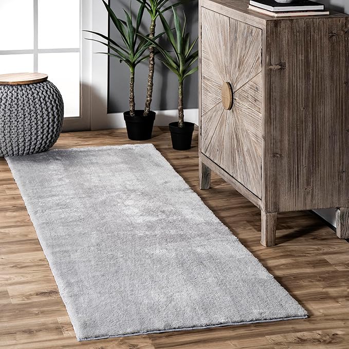 nuLOOM 2' x 6' Cozy Plush Area Rug, Machine Washable, Non-Slip, Soft Fluffy Shag Carpet for Living Room Bedroom Kids Room Nursery Home Decor, Loni Light Grey