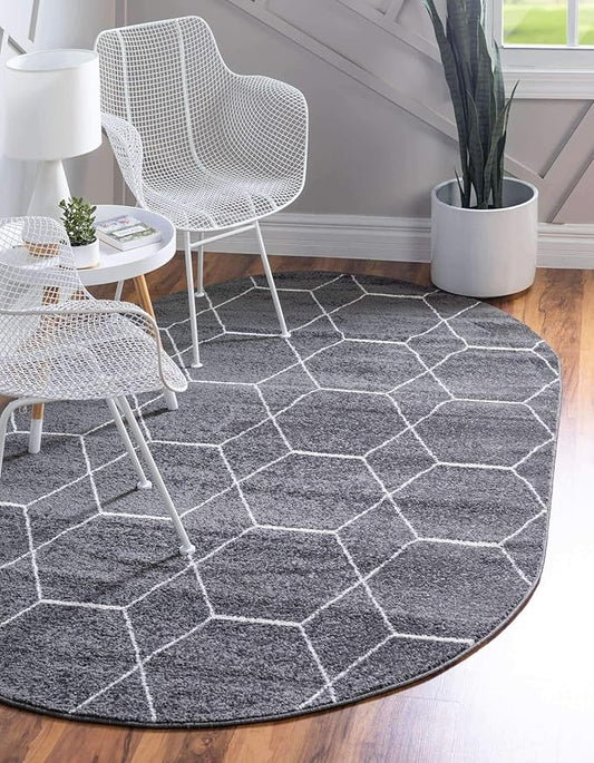 Unique Loom Trellis Frieze Collection Area Rug - Geometric (5' x 8' Oval, Dark Gray/ Ivory)