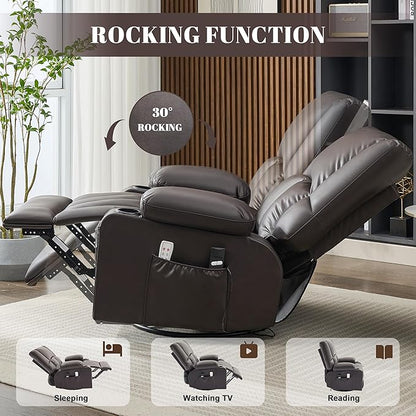 Swivel Rocker Chair with Heat and Massage, 270° Power Recliner Chairs for Adults, USB and Type-C Ports, Oversized Recliner Single Sofa, Electric Glider Chair(Darkbrown)