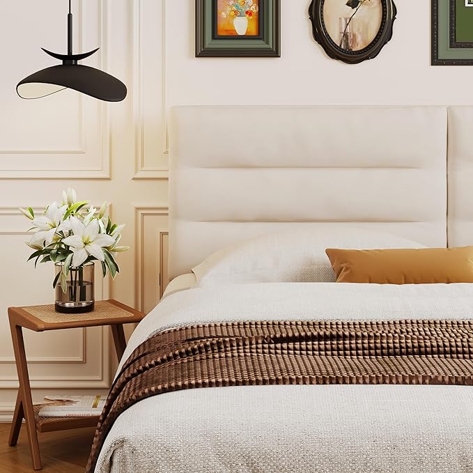 King Size Velvet Headboard Foldable Panels Backboard, Upholstered California King Head Board for Bedroom Adjustable Height from 42" to 56"-Ivory