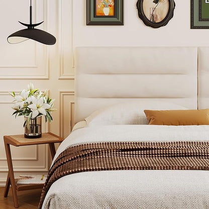 Queen Size Velvet Headboard Foldable Panels Backboard, Upholstered Full Headboard Adjustable Height from 42" to 56" Head Borad-Ivory