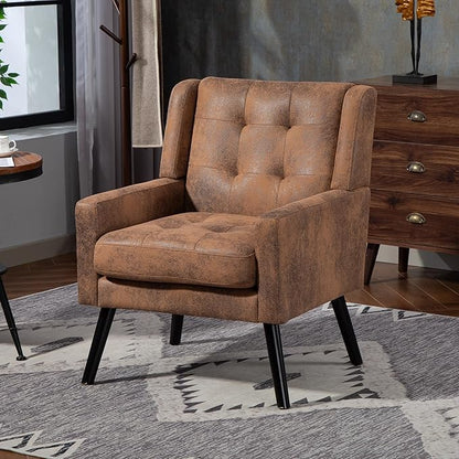 Mid-Century Modern Accent Chair, Plush Suede Fabric with Button Tufted High Back & 5" Thick Cushion, High Comfort Reading Chair for Living Room, Bedroom, Office (Brown)