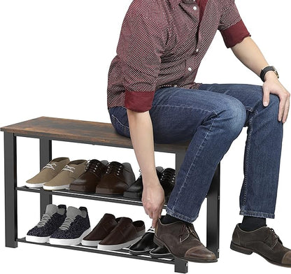 Simple Houseware Wood Top Shoe Storage Bench for Entryway, Rustic Brown