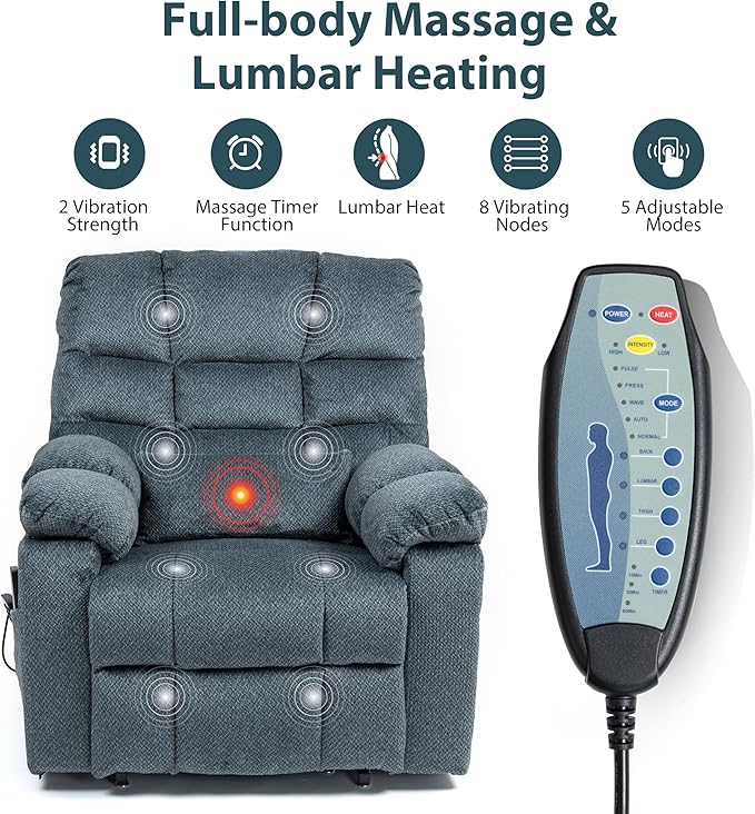 Oversized Zero Gravity Power Lift Recliner Chair for Elderly Adults Big Man Electric Lay Flat Recliner Triple Motor with Heat and Massage, Adjustable Seat Height, Arm Storage, Cup Holder