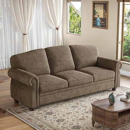 ONBRILL 90 Inch Nailhead Trim Couch for Living Room, 23 Inch Deep Seat Rolled Arm Sofa, Comfy Upholstered 3 Seater Chenille Couch w/Wooden Leg, Large Traditional Sofa for Farmhouse, Brown