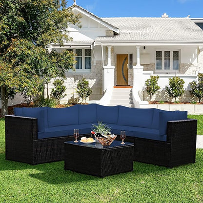 Tangkula 6 Pieces Patio Furniture Set, Outdoor Rattan Sofa Set, Wicker Conversation Set w/Tempered Glass Coffee Table & Cushions, Sectional Sofa Set for Backyard, Garden, Balcony, Poolside