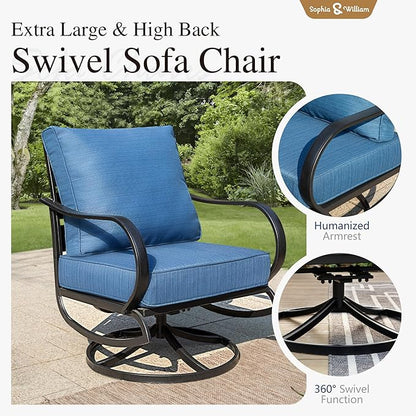 Sophia & William Patio Furniture Sets for 5 Outdoor Metal Conversation Sets 5 Pcs with 2 x Cushioned Swivel Sofa Chairs, 2 x Ottomans as Coffee Table, 1 x 3-Seat Sofa, Backyard Poolside Peacock Blue